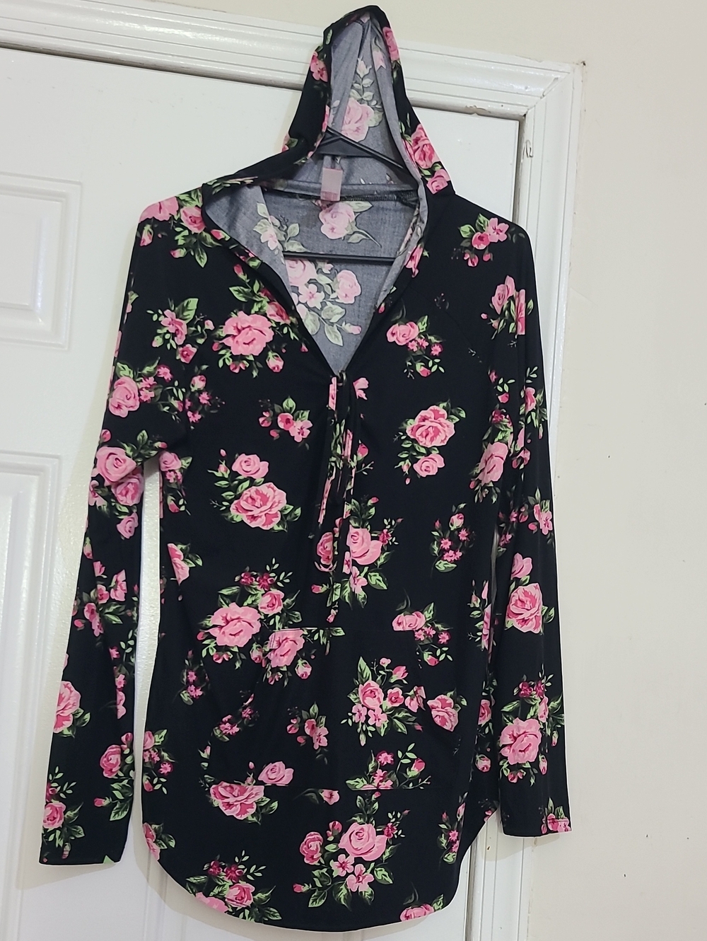 No Boundaries Black Hooded Top with Pink Rose Print